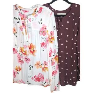 (2)‎ LOFT Women's Blouses (one NWT $60) Floral Polka Dot Long Sleeve Lightweight